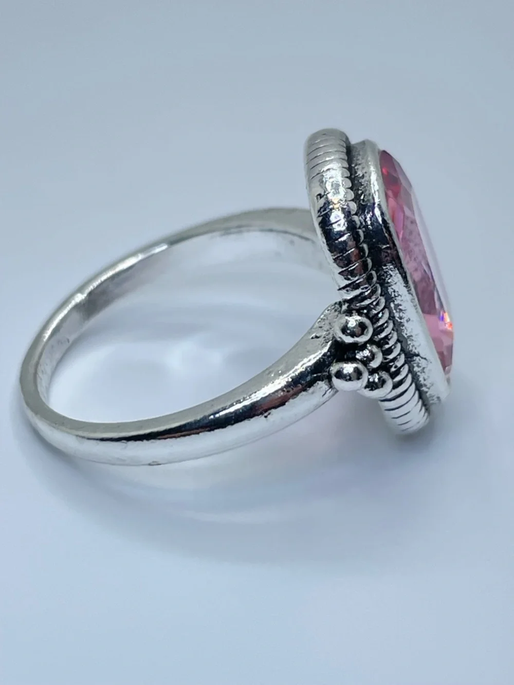Vintage Style Pink Faceted Statement Ring Silver Bold Designer Style